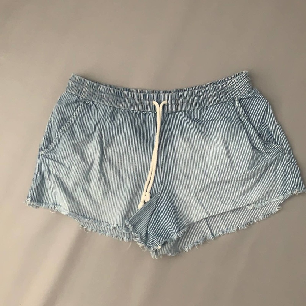 Aerie | Pinstripe Pull-on Denim Shorts Raw Hem Sz L